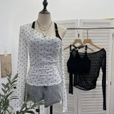 Two Sets With Chest Pad Sling Vest + Velvet Wave Dot Long-Sleeved Mesh T-Shirt Blouse Female 28273