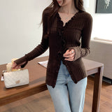 Korean Gentle Windwood Ear V-Neck Long-Sleeved Knitted Cardigan Woman 2025 New Beautiful Small Top