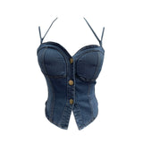Real Shooting Denim Hanging Neck With Chest Pad Sling Vest Babes Single Buckle Bra Short Sleeveless Top Tide 2757