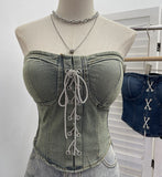 Real Shot With Chest Pad Water Washing Denim Breast Vest Bright Crystal Crystalline Wearing Rope With Short Sleeveless Top Woman 2856