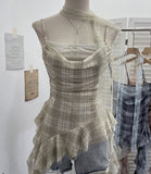 Real Lattice Splicing Lace Ribbon Ribbon Swing Tie Sling Sling Vest Irregular Lotus Leaf Side Hottie Top 8078