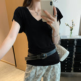 Korean Dopamine Wearing Yellow V-Neck Shoulder Short-Sleeved T-Shirt For Women 2025 Summer New Unique Beauty Small Top