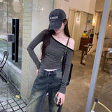 Korean Babes Oblique Shoulder Design Gray Striped Long-Sleeved T-Shirt Girl In Early Autumn To Play With A Bottom Shirt