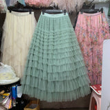 New French Long Dress Female Autumn Temperament Elegant Solid High-Waisted Mesh Cake Skirt Unkempt Skirt