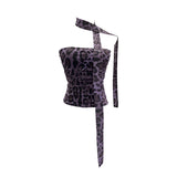 Real-Patting Mesh Leopard Print Sexy One-Word Shoulder Hanging Neck With Chest Vest With Chest Pad Short Top 15971