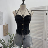 Real Shooting Denim Hanging Neck With Chest Pad Sling Vest Babes Single Buckle Bra Short Sleeveless Top Tide 2757