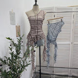Real Shooting Retro Lattice Hot Diamond Slant Shoulder Vest Summer Irregular Net Yarn Side Hottie Sleeveless Top 8157