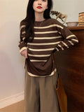 Autumn And Winter Lazy Wind Stripe Round Collar Blouse Korean Chic Chic Age Reduction Long-Sleeved Loose Knitted Shirt Woman