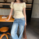 2026 Super Fire Age Bombed Street Unique Beautiful Shoulder Pink Short-Sleeved T-Shirt Summer New Dew Shoulder