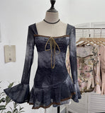 Spring And Summer New French Style Tie Dyed Horn Long-Sleeved Lace Side Design T-Shirt 9980