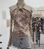 Heavy Industry Hanging Neck Long Sleeve Top Women's Autumn Dress Screen Printing Folds Repair Word Shoulder Bottom T-Shirt 8060
