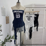 Real Shooting Retro Letter Print Bump Color Palette Vest Body Splicing Mesh Yarn With Hottie Top 8089