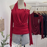 Real Shooting Hottie Shoulder Bead Hanging Neck Cross-Neck Wrinkles Two Long-Sleeved Tops To Repair T-Shirt 2861