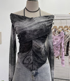 Real Shot Shoulder Strap Hanging Neck Pure Lust Wind Long-Sleeved T-Shirt Repair Cross-Folded Open Fork Short Top 9932