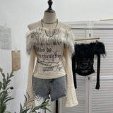 Real Shot Hair Collar Print Shoulder Horn Long-Sleeved T-Shirt Repair Short Picties Shoulder Grinding Top 1368