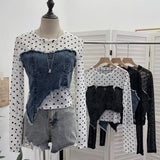 Po Point Mesh Splicing Irregular Raging Denim Long-Sleeved T-Shirt Short Slim Top 2617
