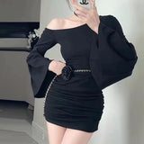 Korean Atmosphere Wears A Design-Sensitive Temperament Oblique Shoulder Horn Sleeves Into The Autumn Dress Woman