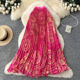 Sunflower Print 100-Fold Skirt High-Rise Thin Half Skirt Women's Medium And Long Skirt Holiday Wind Does Not Hit The Big Swing Commuter Skirt
