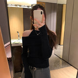 2026 Early Spring Design Sense Unique Fake Two-Word Shoulder Shoulder Long-Sleeved Knitted Shirt Women Autumn Shirt