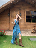 Holiday Style Retro Floral Sling Dress Women's Summer Design Irregular Dress To Collect Waist Thin A Skirt