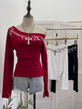 Vintage Cross Letter Print Slanted Shoulder Long-Sleeved T-Shirt T-Shirt Repair Babes Top 1633