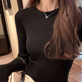 Threaded Slimmed Head Bottom Knitted Shirt Women Autumn 2025 New Round Collar With Shoulder Long Sleeve Top