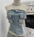 Summer Water Wash Side Cowboy Bra Vest Pocket Irregular Tight Tight To Take A Short Top 6602