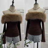 Real Shot Shoulder Hair Collar Long-Sleeved T-Shirt Women Autumn And Winter Retro Hair-Wearing Shirt 13681
