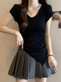 Oceanic Back Hollow Design Blouse V Collar Slim Slimmed T-Shirt 2026 Summer New Solid Color Shirt