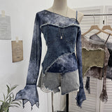 Slanted Shoulder Sling Screen Splicing Irregular Cowboy Horn Long Sleeve Top Short T-Shirt 2789