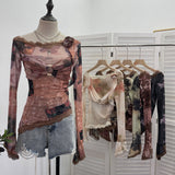 Real Shooting Lace Splicing Oblique Shoulder Thin Tie-Dye Mesh T-Shirt Girl T-Shirt T-Shirt Shawl T-Shirt 9986