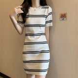 Striped Short-Sleeved Round-Neck Knitted Dress Women's Early Autumn New Slim Fresh Sweet Long Skirt