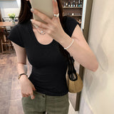 Korean Temperament Niche Design Feel Beautiful U Collar Thread Straight Shoulder Short-Sleeved T-Shirt 2025 New Repair Body