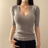 Pure Desire V Collar To The Five-Sleeved Knitted Shirt Han Han Beautiful Beautiful Bottoming Shirt Early Spring Temperament Blouse