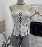 Punk Dizzling Print With Chest Pads With Rope Tie Slings Zipper Open Fork Short Top 6230