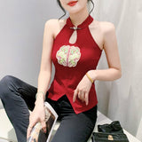 National Wind Embroidery Hanging Neck Vest Lady Sleeveless Summer Wearing Small Shoulder Slings New Chinese Style Fat MM Top