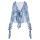Gradual Tie Dye Thin Long-Sleeved Shirt Women Autumn Winter French Sun Protection Shirt Ribbon Design Small Top