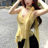 Lotus Side Yellow Flower Sling Small Vest Woman Summer Sleeveless Outside Wearing Design Short Spice Girl Top