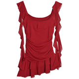 Red Irregular Sling Dress Dress Summer New Temperament Sexy Folds To The Waist Lotus Side Short Skirt Woman