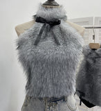 Real-Shooting Bow Hair Spliced Hanging Neck Vest Women In Autumn And Winter With Sleeveless Outside Wearing Short Babes Top 9309