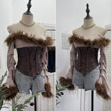 Millennial Y2K Plush Splicing Pu Skin Strap To Close Waist Folded Horn Long Sleeves One-Word Shoulder Dress Woman 1507