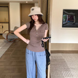 Super-Good-Looking Cotton Pocket Button V-Neck Short-Sleeved T-Shirt For Women's Summer 2026 New Popular Explosive Tops This Year