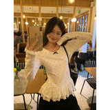Design Sense Of Black Wave Point Inside The Bottom Of The Women's Spring Lace Hem Super Good-Looking Long-Sleeved T-Shirt Top