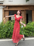 Design Sense V-Necked Flower Short-Sleeved Dress Women's Summer Niche Slim Waist Long Dress Gentle Style Dress