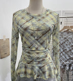 Double-Layer Mesh Lattice Waist Fold Irregular Hem With Long-Sleeved Top Repair T-Shirt 15671