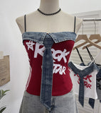 Real Shooting Denim Spliced Print Tie Sling Sling Waist Wearing Hot Girl Bra Short Sleeveless Top Lady 8930