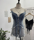 Real-Hand Shot Vintage Babes With Thaired Hairy Denim Sling Vest Short Umbilly Sleeveless Top 2690
