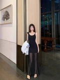 Design Sense Mesh Splicing Sling Dress Women's Summer Niche Temperament Waist Dress Gentle Style Black Dress