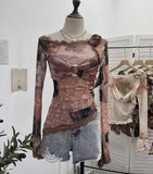 Real Shooting Lace Splicing Oblique Shoulder Thin Tie-Dye Mesh T-Shirt Girl T-Shirt T-Shirt Shawl T-Shirt 9986