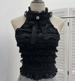 Real Shooting Guangzhou Women's Clothing Hanging Neck Vest Bow Layer Lace Splicing Short Sleeveless Top 2858